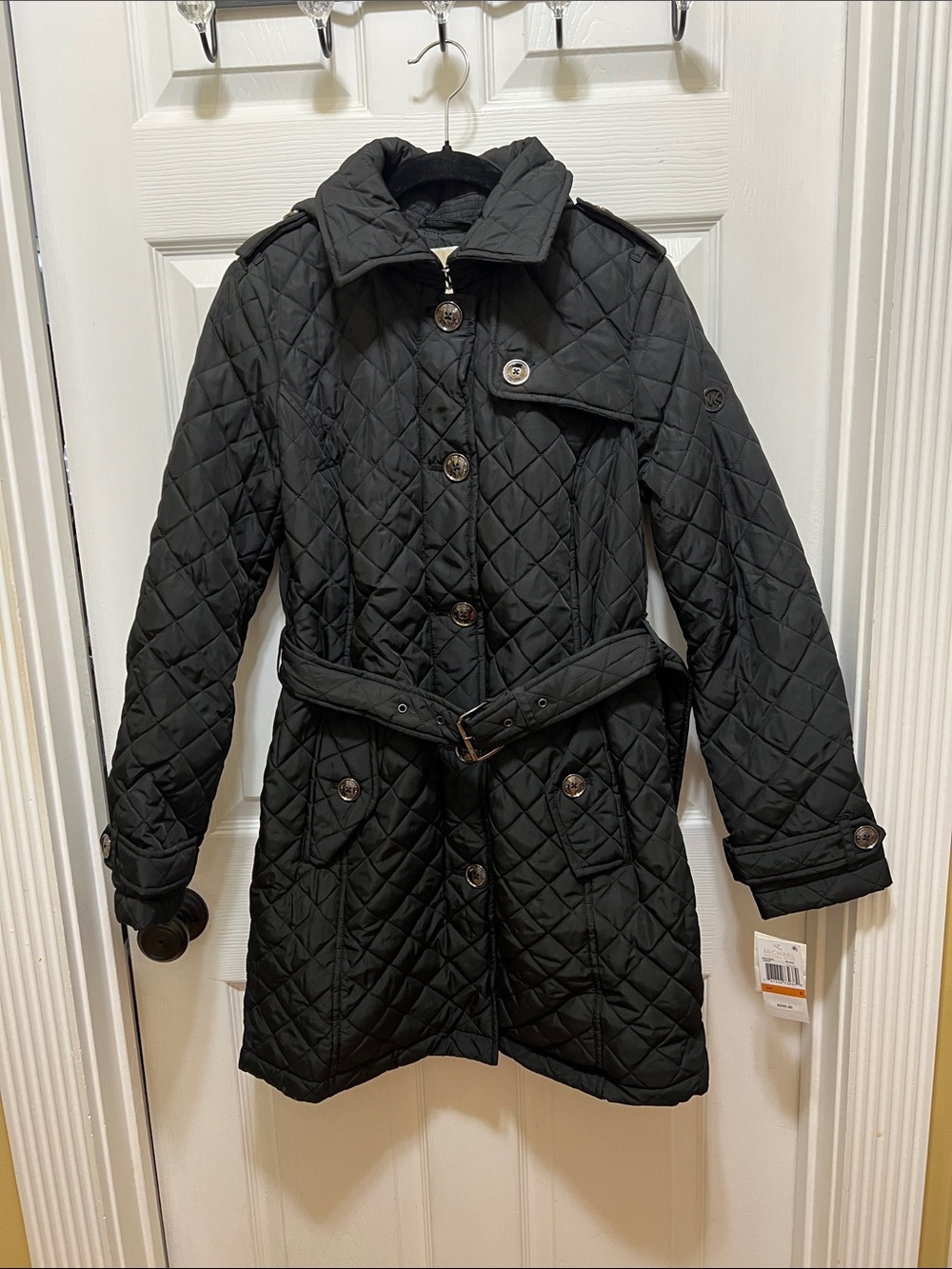 NWT MICHAEL Michael Kors Black Quilted Belted Trench Coat